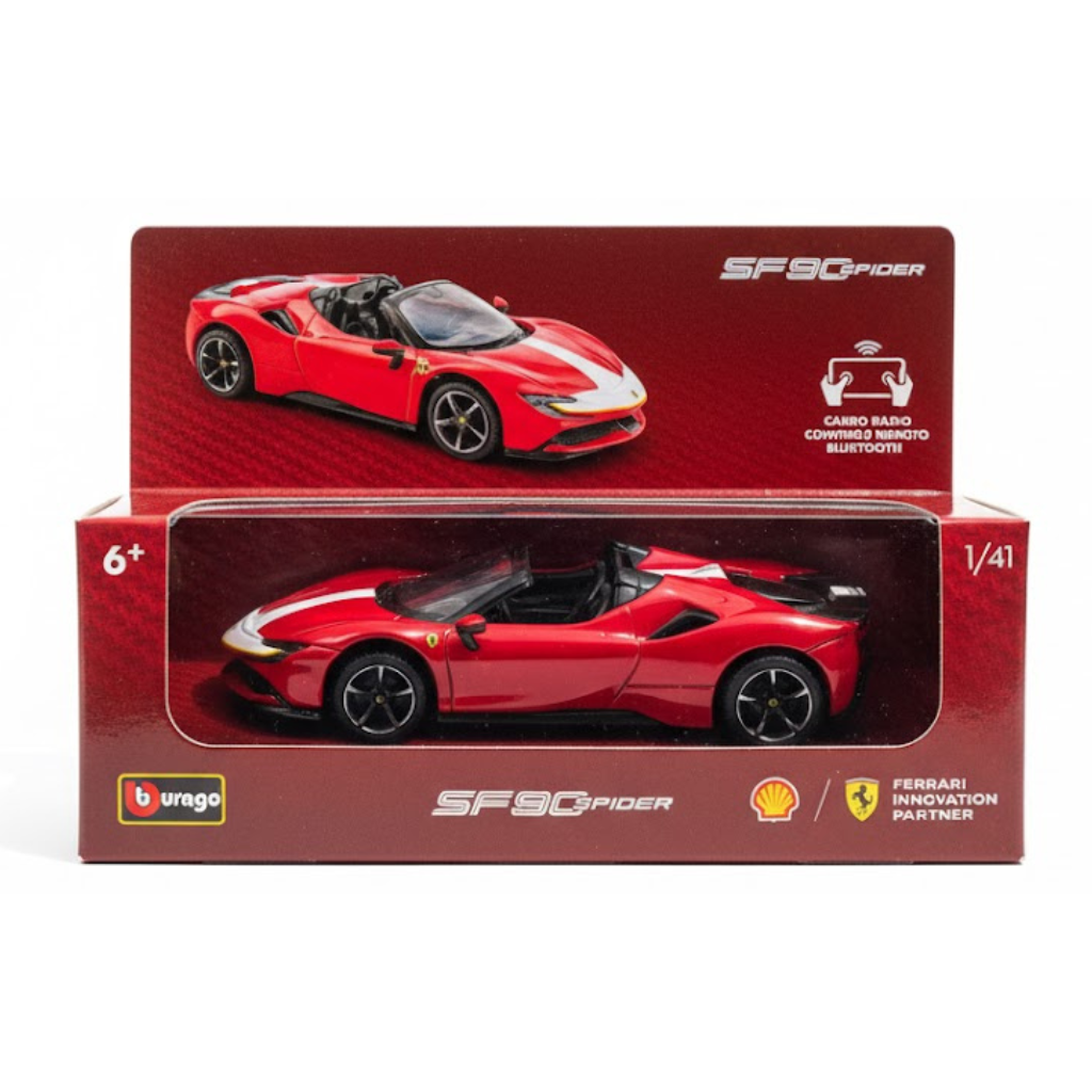 Miniatura Ferrari SF90 Spider Shell Racing da Burago 1/41 C/remoto Cor Vermelho